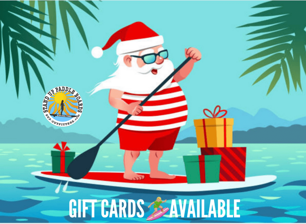 Drawing of Santa Claus on a paddleboard with gifts